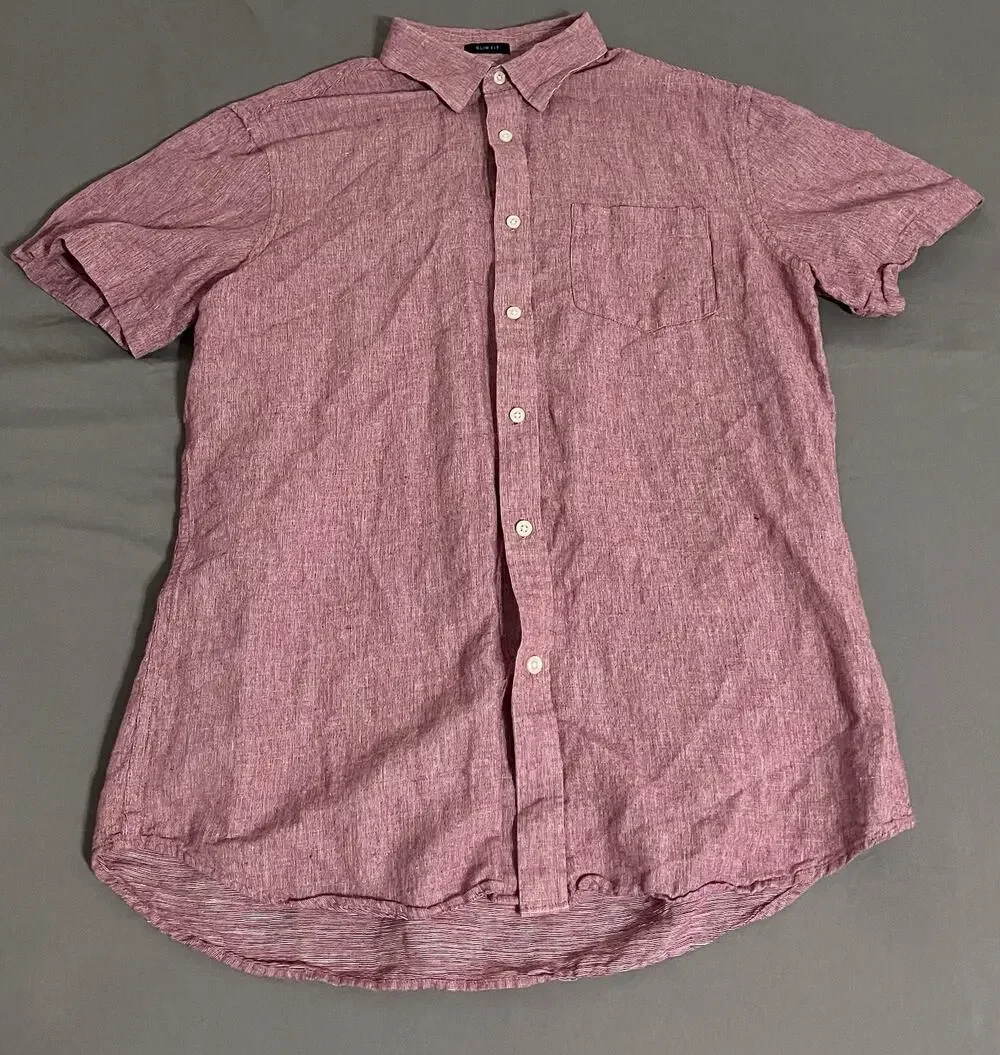 Banana Republic Factory Men’s Slim Fit Linen-Blend Short Sleeve Shirt Red L
